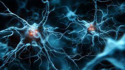 A conceptual image showcasing two neuron cells against a dark backdrop illuminated with a soft blue hue. For neuron, brain, and neuroscience themes.