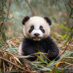 Fototapeta premium Adorable Baby Panda Surrounded by Bamboo in a Natural Habitat, Captivating Expression of Curiosity and Playfulness, Perfect for Wildlife Enthusiasts and Nature Lovers