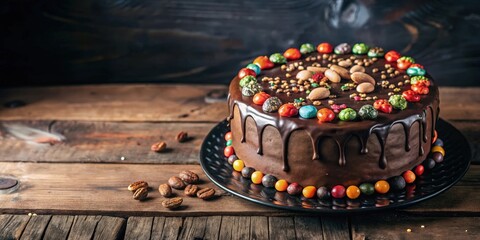 A decadent chocolate cake adorned with a medley of colorful candies, nestled on a rustic wooden table.