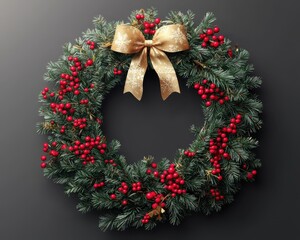 Beautiful Christmas Wreath with Red Berries and Golden Bow Against a Dark Background for Holiday Decor and Seasonal Celebrations