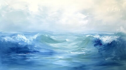 Abstract Seascape with Blue Waves and White Clouds