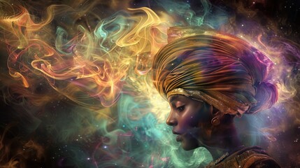 Woman in a golden head wrap with swirling nebula behind her.