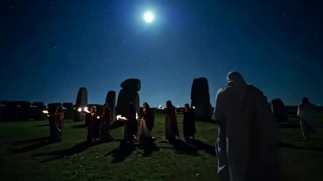 Stonehenge Under a Starry Sky"
Transport viewers to Stonehenge on a moonlit night, with stars illuminating the stones. Ancient druids gather, chanting and performing a celestial ritual. The atmosphere