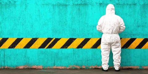 A person in a white protective suit stands against a teal wall with black and yellow hazard stripes.