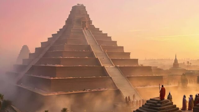 Mesopotamian Ziggurat in Early Morning Mist
The scene opens with a majestic ziggurat temple emerging from a dense morning fog. Priests in traditional robes ascend the steps, chanting as they prepare f