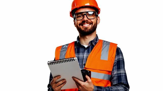 Engineer action portrait at a construction site with a notebook and camera, isolated on a white background.