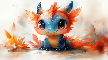 Fototapeta premium Cute Chubby Pet Dragon with Big Eyes: A Whimsical Watercolor Hand-Painted Delight 
