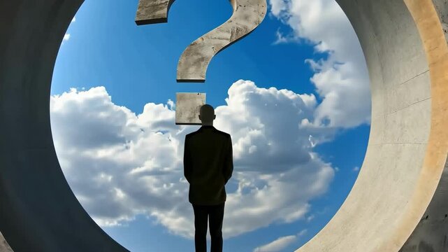 Silhouette of a person standing beneath a large question mark against a cloudy sky, symbolizing mystery, curiosity, and existential inquiry. 4K video