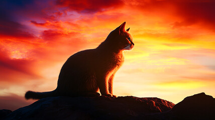 Cat silhouette against vibrant sunset for hopeful and calmness illustration