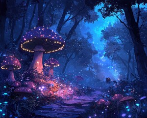Enchanted Forest with Glowing Mushrooms and Mystical Blue Lighting, Illuminated Pathway Surrounded by Lush Foliage and Sparkling Flora in a Dreamlike Setting