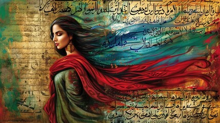 Naklejka premium Woman with flowing hair and red shawl against an abstract background of Arabic calligraphy.