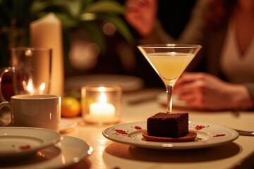 Obraz premium Cozy candlelit dinner with chocolate cake and martini in elegant setting