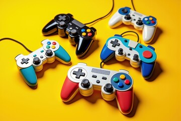 Colorful retro game controllers on vibrant yellow background for gamer enthusiasts and nostalgia lovers