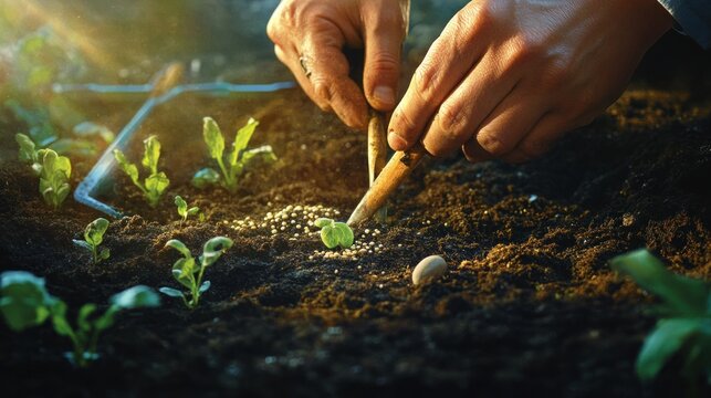 Close-up of hands planting seeds in soil with a tool, sunlight in background.