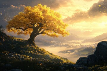 Majestic Golden Autumn Tree on a Hillside with a Stunning Sunset Overlooking a Misty Valley, Capturing the Beauty of Nature and Changing Seasons