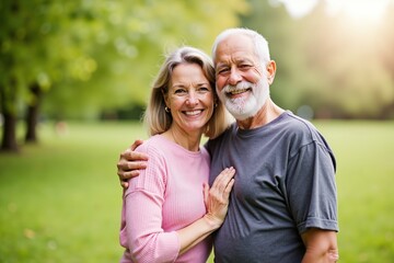 Obraz premium Happy senior couple embracing in sunlit park, smiling and enjoying outdoor lifestyle