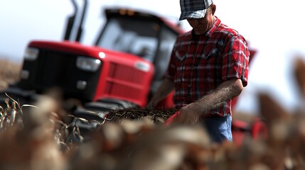 A farmer inspects crops with a red tractor in the background, showcasing agricultural life.