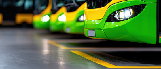 Obraz premium A row of green and yellow buses parked neatly in a transport facility, showcasing modern design and organized transportation infrastructure.