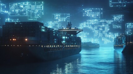 Obraz premium Futuristic cargo container ships utilize technology for global logistics, employing world maps and supply chain networks for container export-import