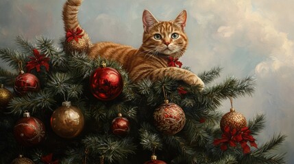 Obraz premium A cat sitting on top of a christmas tree with ornaments