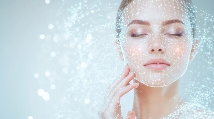 Close-up of woman with glowing skin, clear complexion, and molecular structure, symbolizing skincare science and hydration.