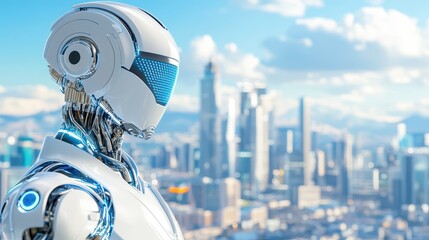 Futuristic robot with a metallic finish overlooking a modern cityscape under a bright blue sky. Concept: technology and innovation.