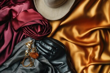 A close-up flat lay of a brown fedora hat, black leather gloves, a gold key, and a jeweled necklace arranged on a burgundy and gold fabric backdrop.