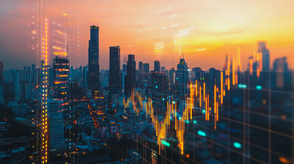 Abstract business team stands on the peak of success amid tall, innovative Smart city and graphs with statistics to analyze business potential and predict future developments in company growth.