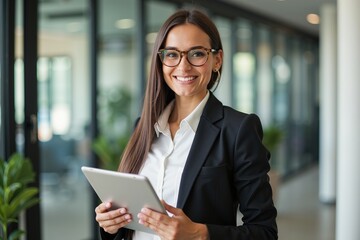 Confident businesswoman with tablet in modern office setting