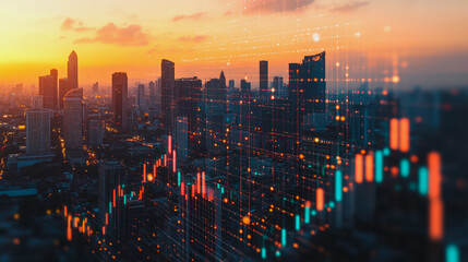 Fototapeta premium Abstract business team stands on the peak of success amid tall, innovative Smart city and graphs with statistics to analyze business potential and predict future developments in company growth.