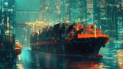 Obraz premium Futuristic cargo container ships utilize technology for global logistics, employing world maps and supply chain networks for container export-import