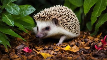 Fototapeta premium Hedgehog exploring a vibrant jungle floor, Ai Generated