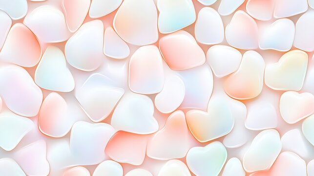 A seamless pattern of smooth pastel shapes resembling pebbles and hearts, creating a soft, romantic, and abstract background.