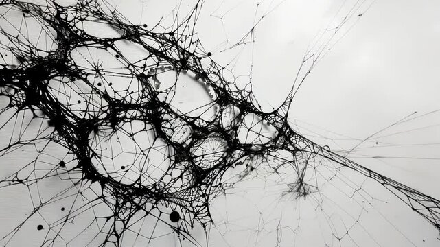 An intricate ink drawing of a weblike structure symbolizing the hidden connections between dark matter particles.