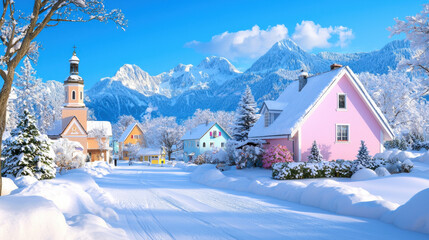 stunning, breathtaking view of snowy mountain village with colorful houses and church under clear blue sky, surrounded by majestic peaks