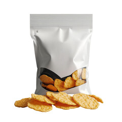 A pile of crispy potato chips in a box and bag, with a crunchy and salty appearance
