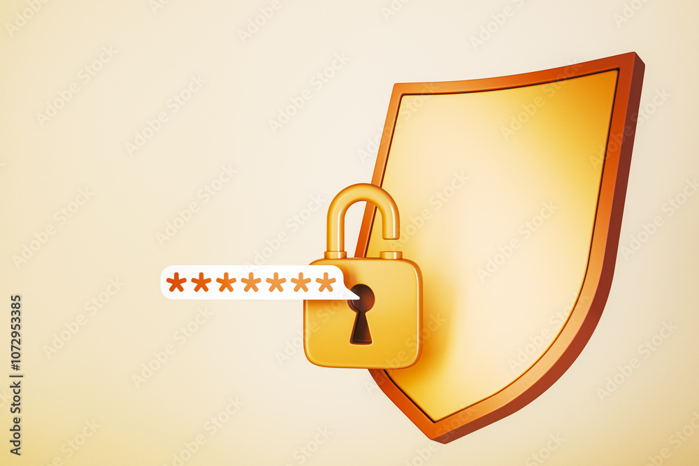 Aufkleber Golden lock and shield icon with password asterisks, symbolizing cybersecurity and data protection on a beige background. 3D Rendering