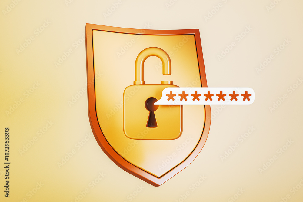 Aufkleber Unlocked padlock and password strip on shield icon representing cybersecurity and data protection concept. 3D Rendering