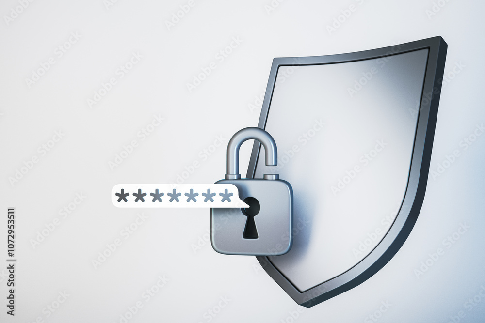 Aufkleber Lock and shield icon representing cybersecurity with password input on white background. Symbolizing online protection and data safety. 3D Rendering
