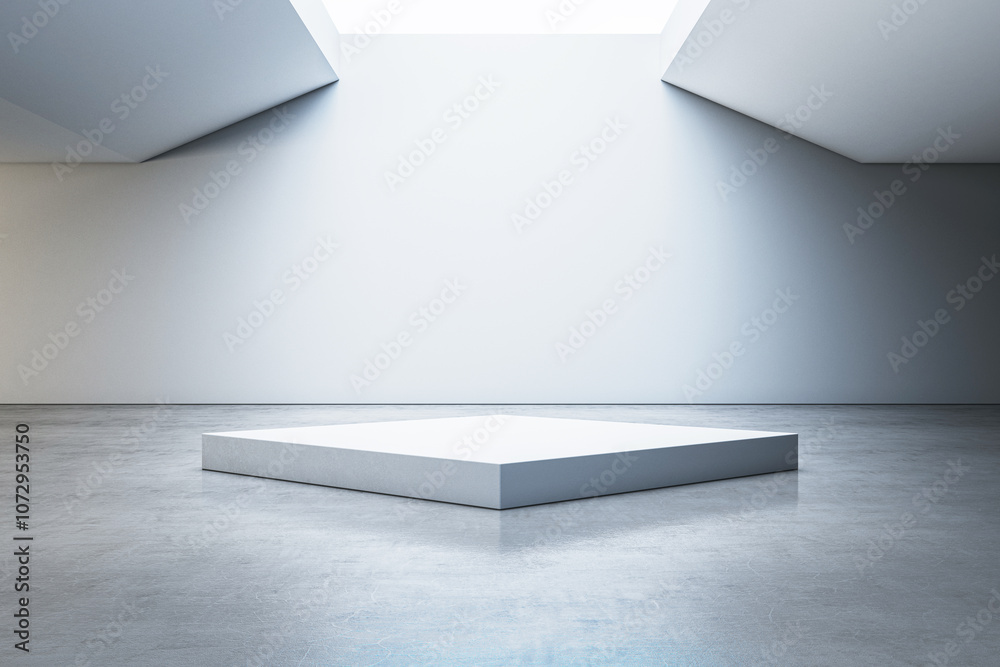 Aufkleber minimalist podium in a modern empty room with soft natural lighting from ceiling skylights. 3d rende