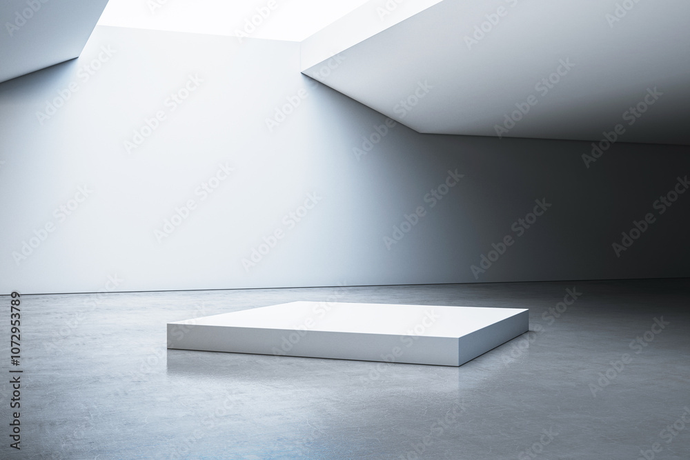 Poster Minimalistic podium on a large empty room with modern architecture and natural light from above. 3D Rendering