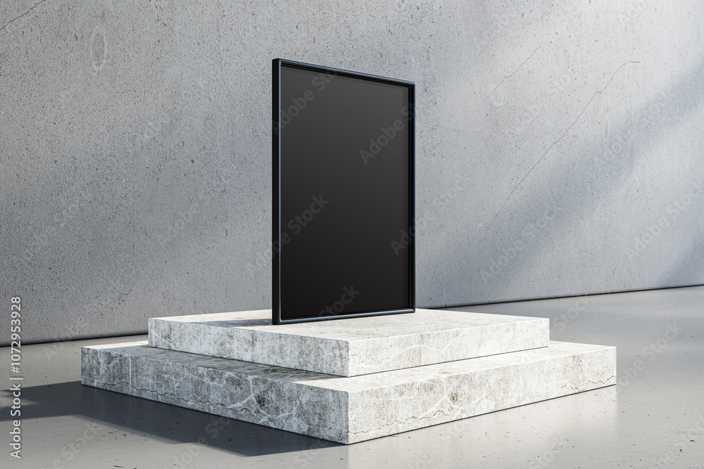 Poster minimalist podium with a blank frame on a concrete stage in a modern interior space. contemporary ex