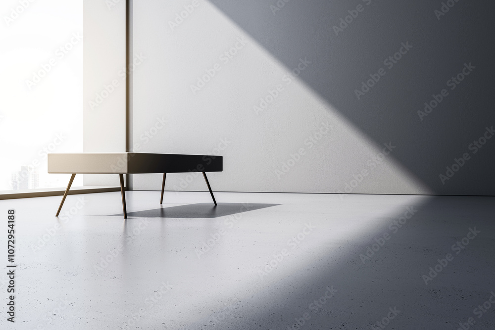 Poster modern bench in minimalist interior with city view. 3d rendering