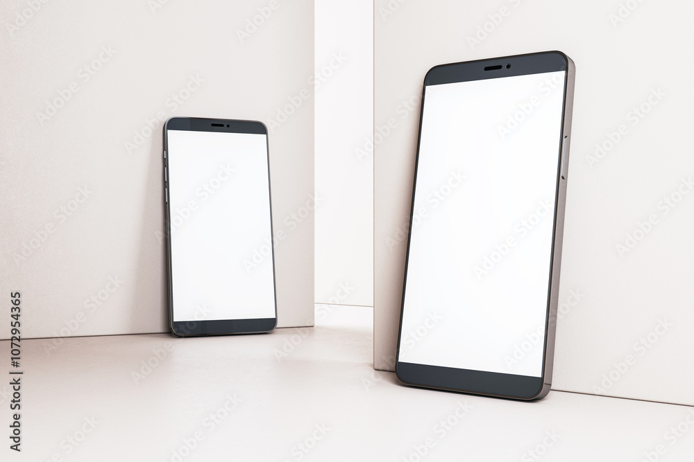 Poster two smartphones with blank white screens placed against beige walls and floor in a modern digital mo