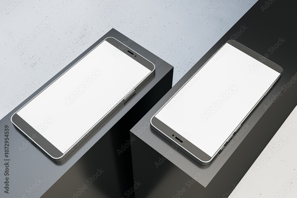 Poster two modern smartphones with blank screens placed on geometric platforms. 3d rendering