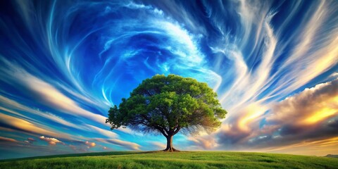 Fototapeta premium Surreal depiction of a solitary tree against a vibrant blue sky with whimsical clouds, creating an enchanting atmosphere that evokes a sense of wonder and imagination in nature.