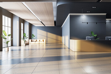 Modern office reception area with a minimalistic design, featuring a sleek desk, indoor plants, and natural lighting. 3D Rendering