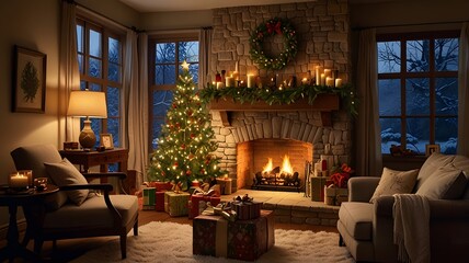 A cozy winter evening by the fireplace with a beautifully decorated Christmas tree and a warm glow of candles in a festive living room. Generative AI