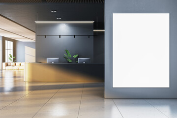 Modern reception area with empty desk, computers, and blank wall poster in a sleek office interior with natural light. 3D Rendering