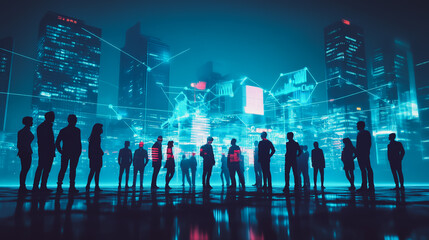 Obraz premium Abstract business team stands on the peak of success amid tall, innovative Smart city and graphs with statistics to analyze business potential and predict future developments in company growth.